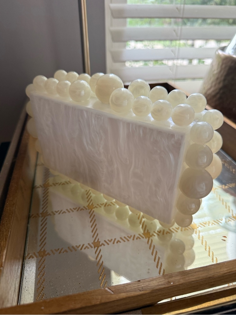 Pearlized Bead-Trim Acrylic Clutch - Ivory